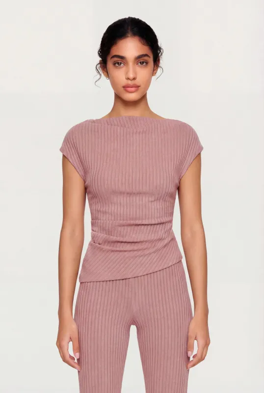 One Shoulder Rib Knit Side Ruched Blouse made by Rainbow