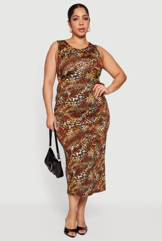 Plus Size Leopard Print Drawstring Keyhole Side Dress sold by Rainbow