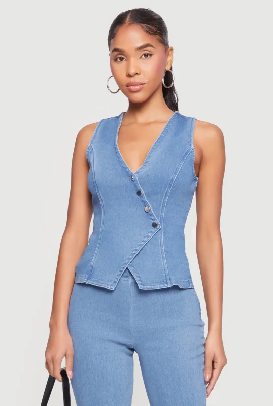 Denim Asymmetrical Button Front Blazer Vest made by Haute Monde