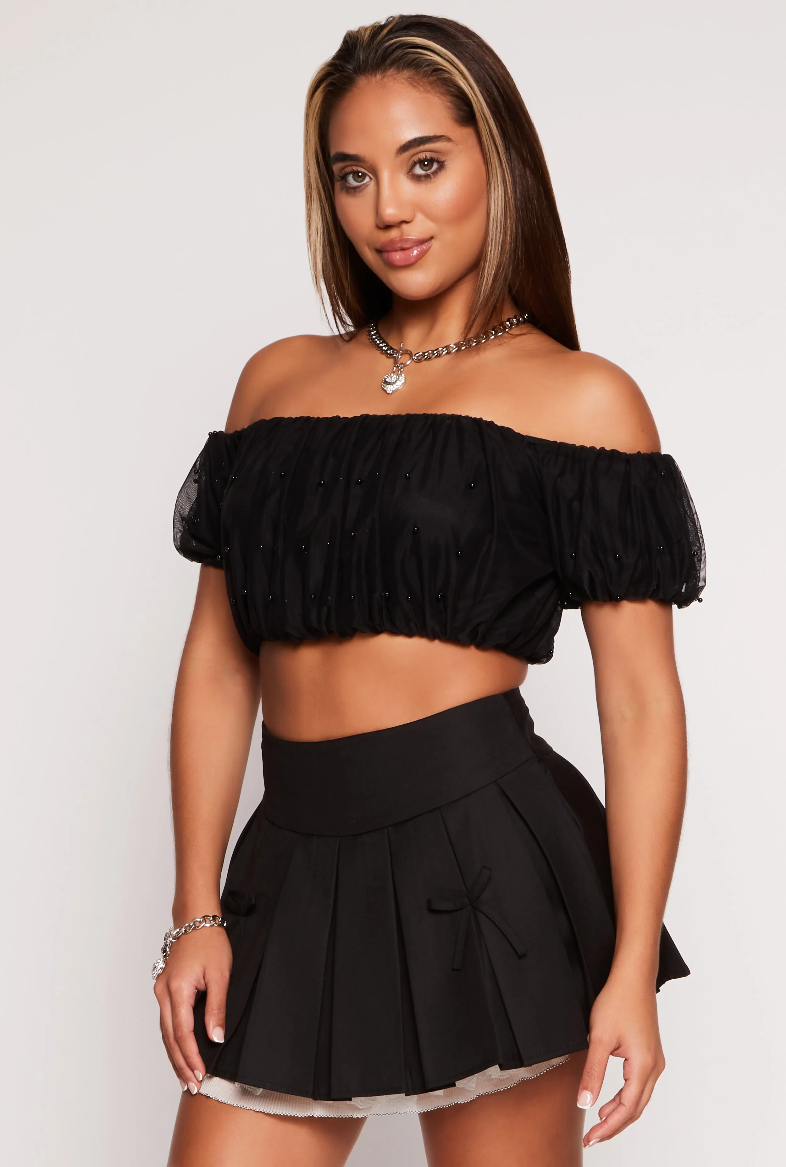 Beaded Mesh Off the Shoulder Crop Top sold by Rainbow