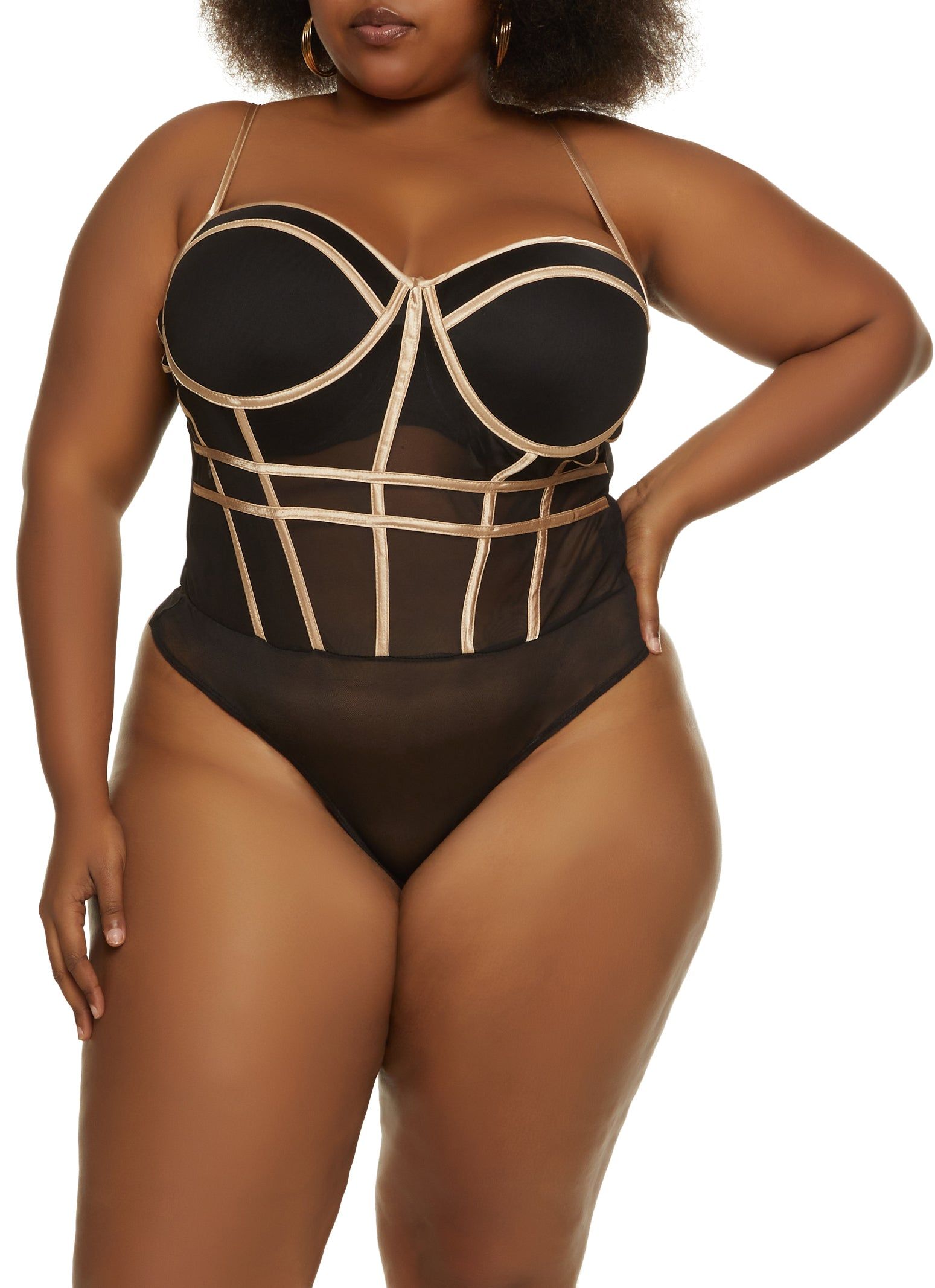 Plus Size Mesh Caged Trim Bodysuit sold by Rainbow