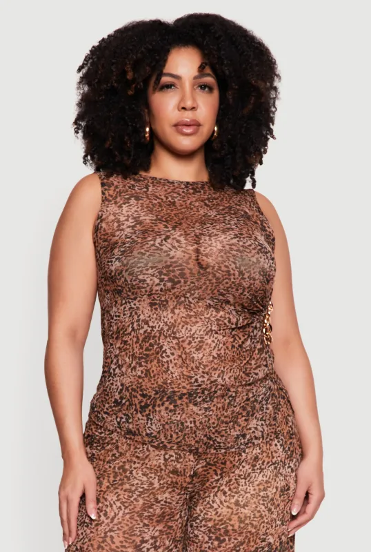 Plus Size Sleeveless Ruched Mesh Top with Chain Link Detail sold by Rainbow