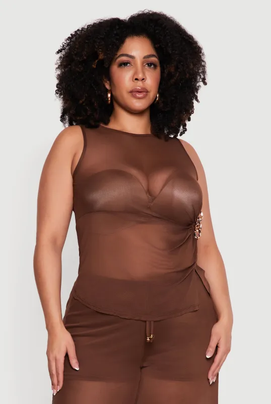 Plus Size Sleeveless Ruched Mesh Top with Chain Link Detail sold by Rainbow