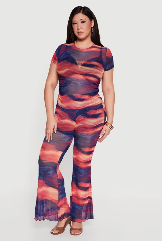 Plus Size Printed Pattern Flare Leg Mesh Pants sold by Rainbow