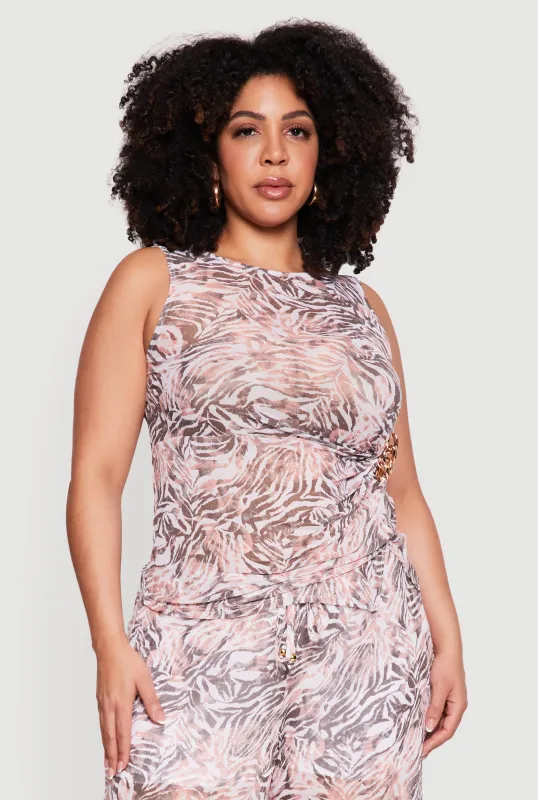 Plus Size Sleeveless Ruched Mesh Top with Chain Link Detail sold by Rainbow