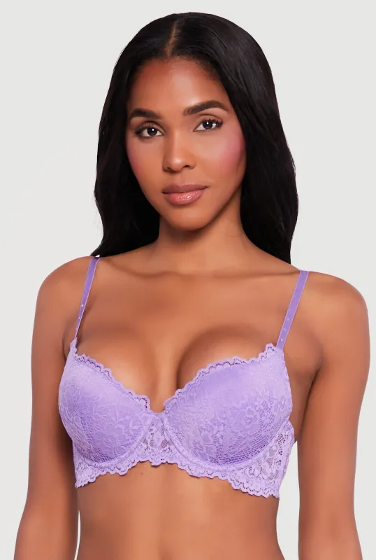 Floral Lace Rhinestone Strap Padded Plunge Bra made by Rainbow