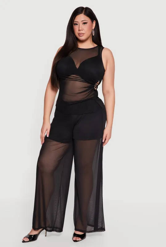 Plus Size High Waisted Wide Leg Mesh Pants sold by Rainbow