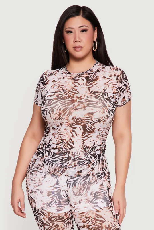 Plus Size Patterned Mesh Ruched Side Top made by Rainbow