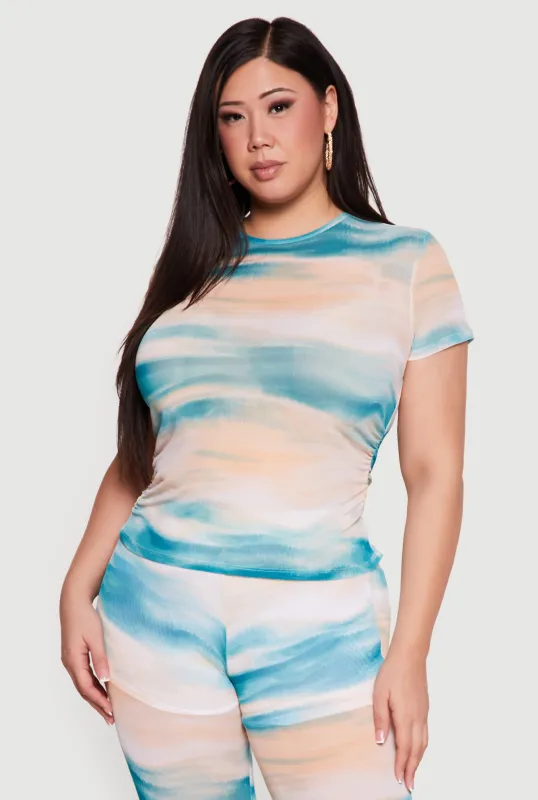 Plus Size Patterned Mesh Ruched Side Top made by Rainbow