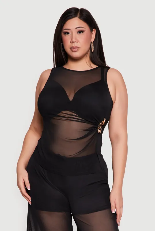 Plus Size Sleeveless Ruched Mesh Top with Chain Link Detail sold by Rainbow
