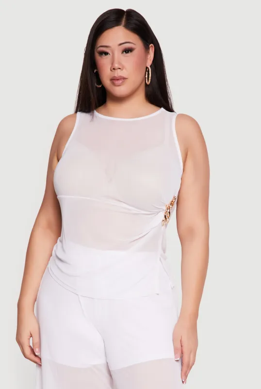 Plus Size Sleeveless Ruched Mesh Top with Chain Link Detail sold by Rainbow
