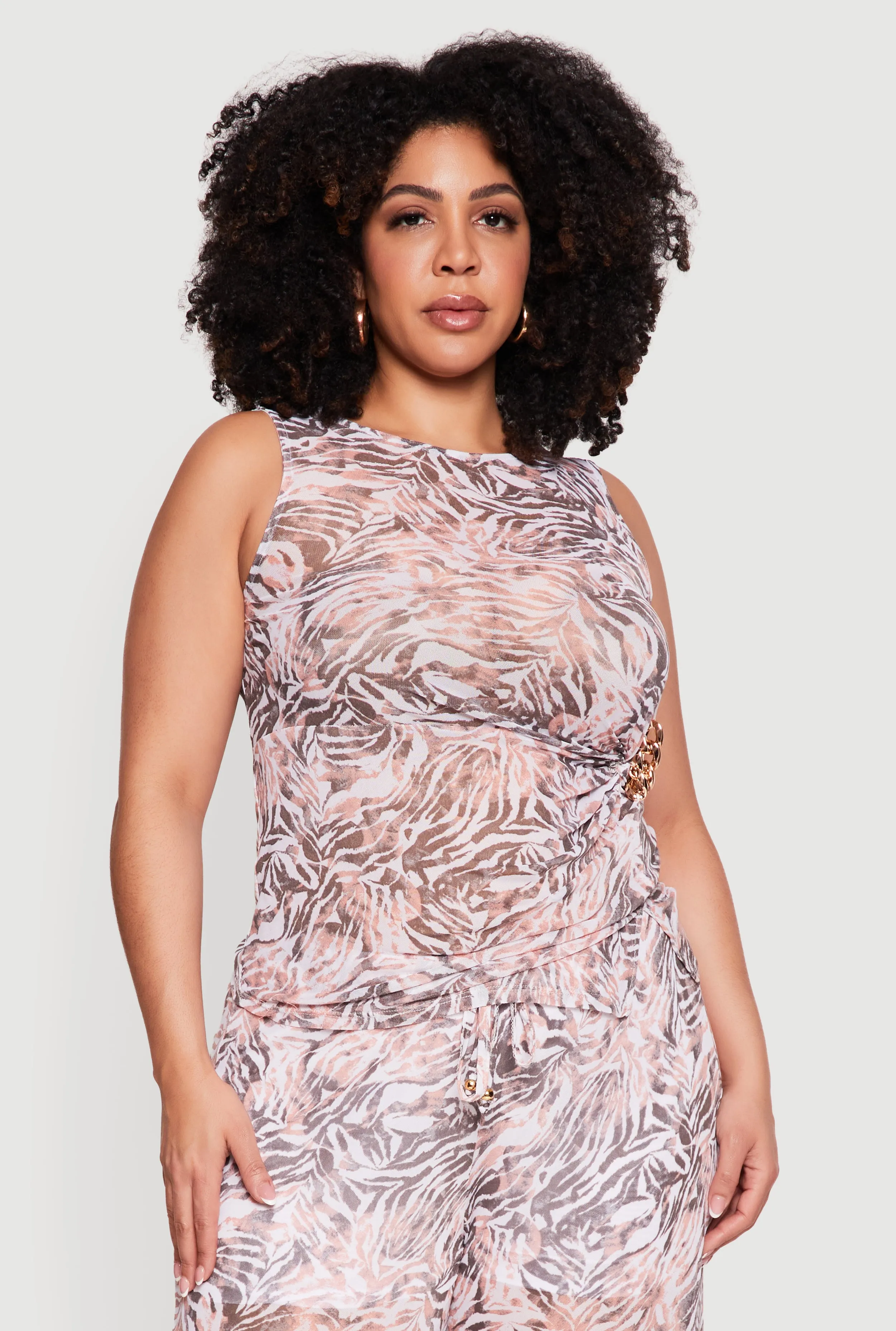 Plus Size Sleeveless Ruched Mesh Top with Chain Link Detail sold by Rainbow