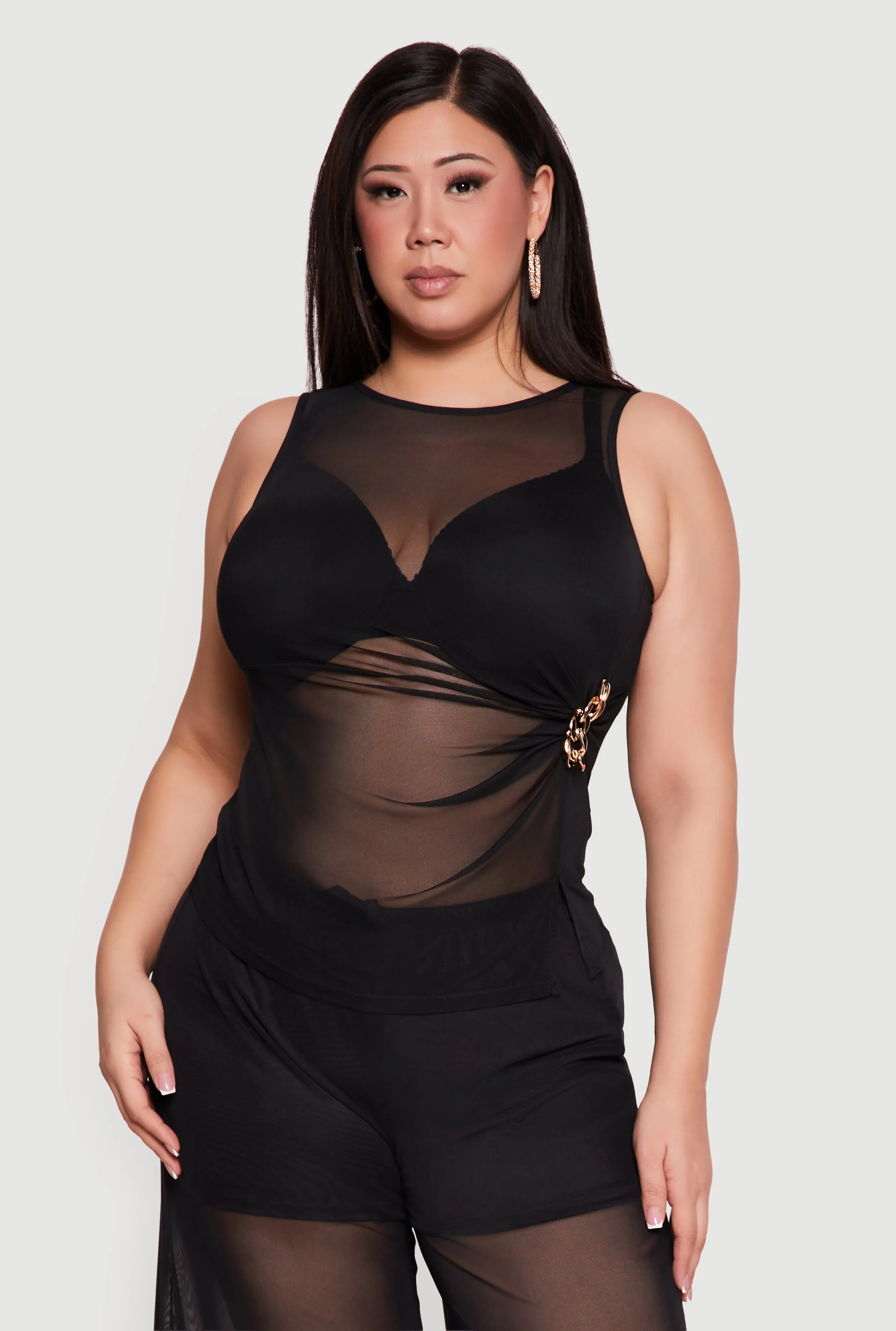 Plus Size Sleeveless Ruched Mesh Top with Chain Link Detail sold by Rainbow product image thumbnail 2