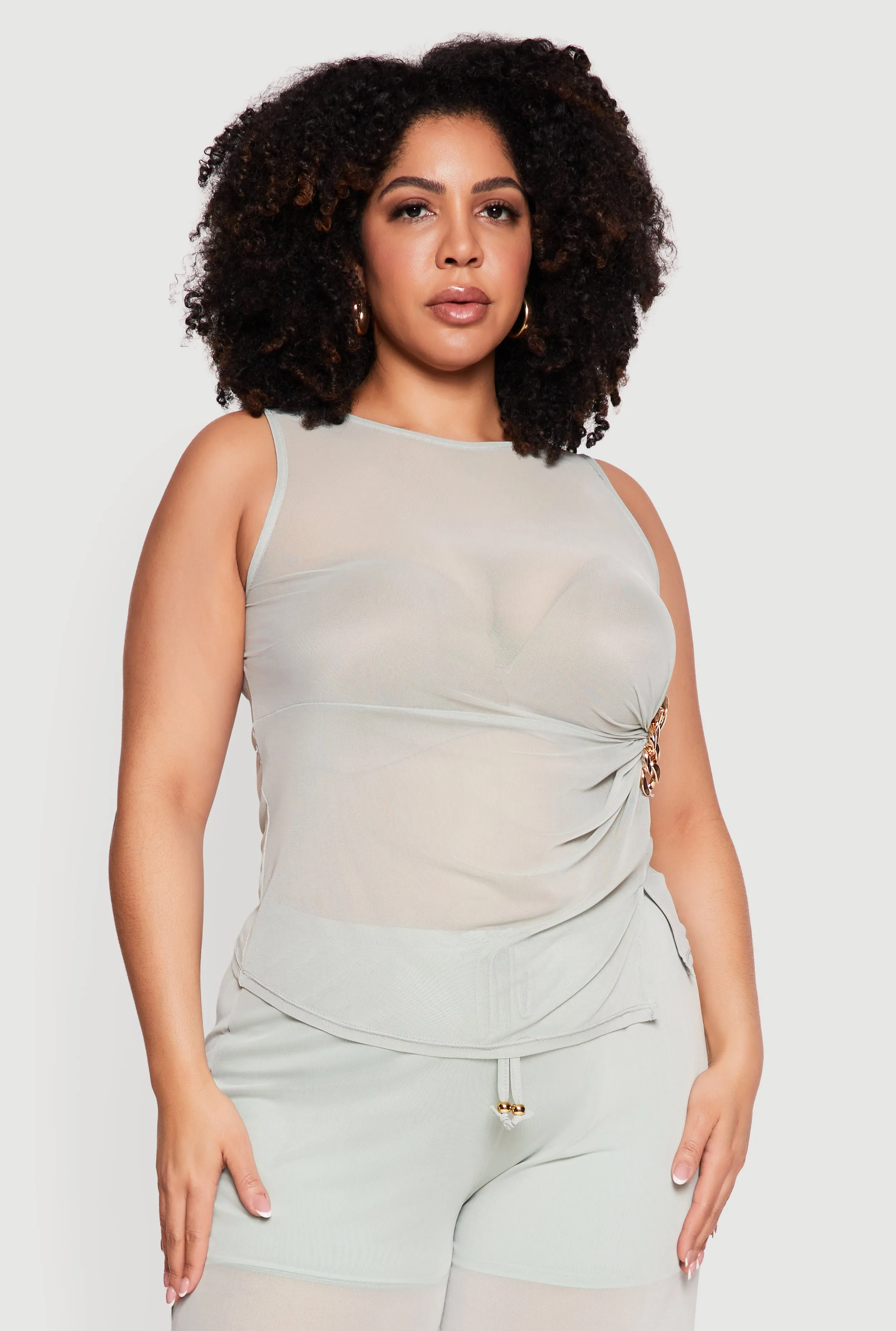 Plus Size Sleeveless Ruched Mesh Top with Chain Link Detail sold by Rainbow product image thumbnail 5