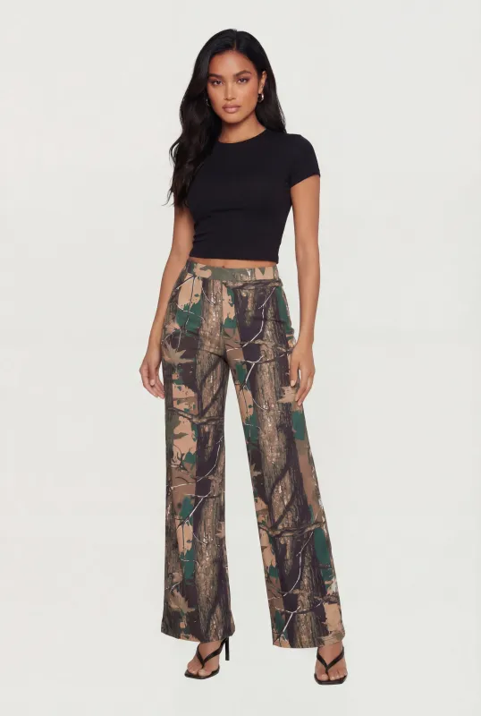 Tree Camo Soft Knit Pull On Wide Leg Pants made by Rainbow
