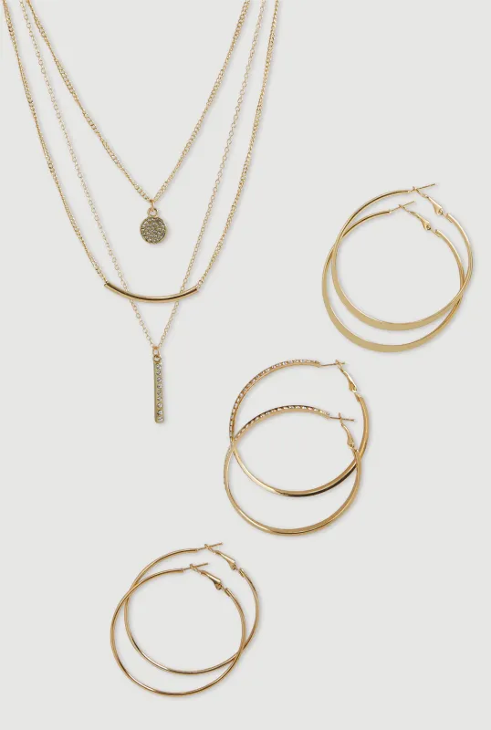 Cubic Zirconia Charm Layered Necklace and Hoop Earring Trio sold by Rainbow