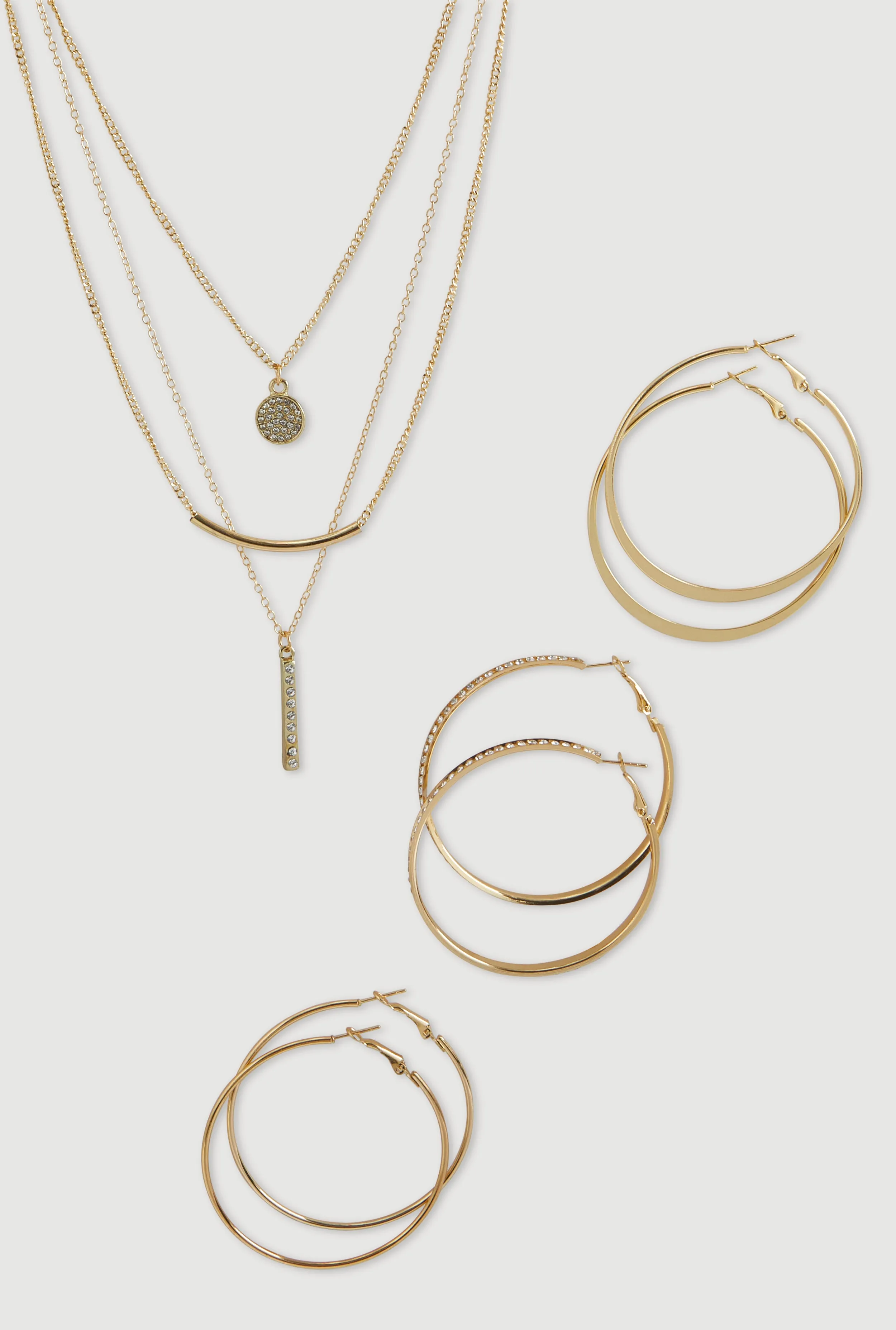 Cubic Zirconia Charm Layered Necklace and Hoop Earring Trio sold by Rainbow