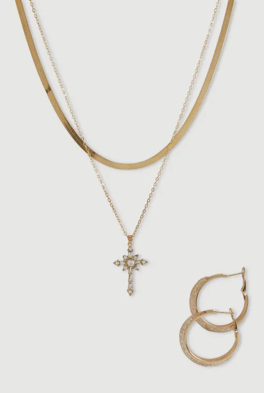 Cubic Zirconia Heart Layered Necklace with Hoop Earrings sold by Rainbow