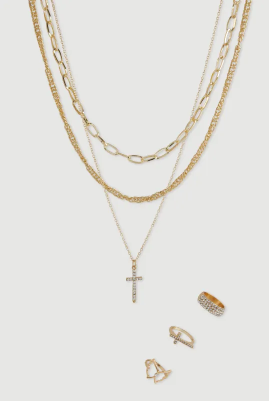 Cubic Zirconia Cross Layered Necklace and Ring Trio sold by Rainbow