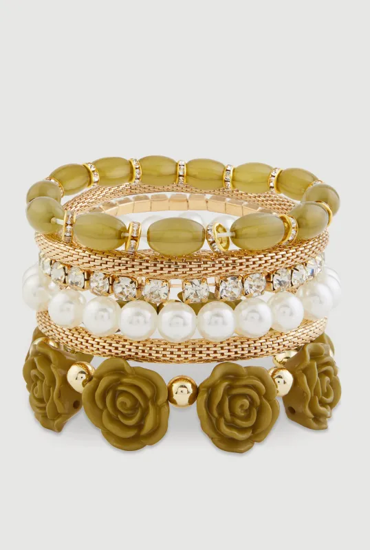 Beaded Faux Pearl Metallic Rhinestone Stretch Bracelets Set of 6 made by Rainbow