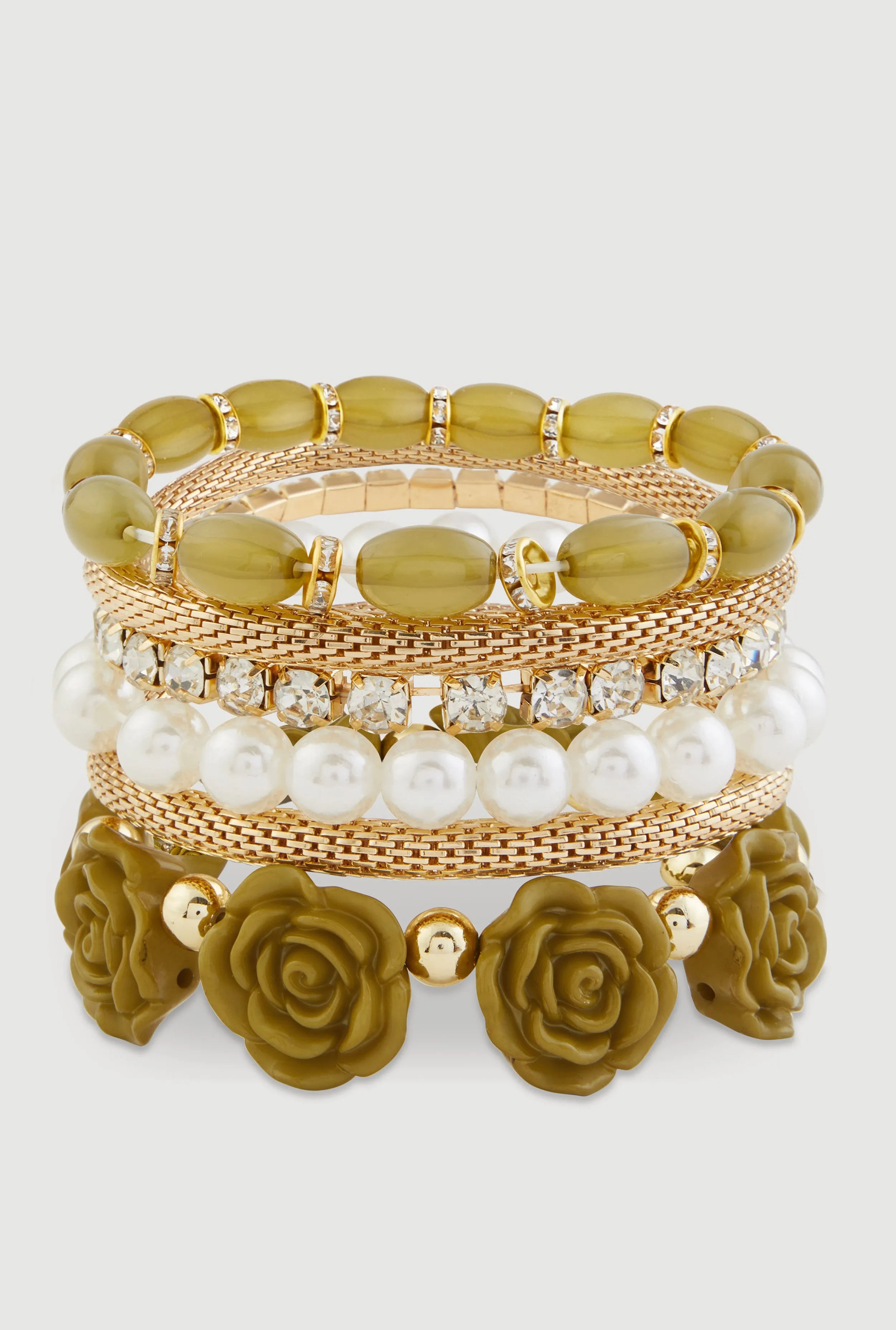 Beaded Faux Pearl Metallic Rhinestone Stretch Bracelets Set of 6 sold by Rainbow