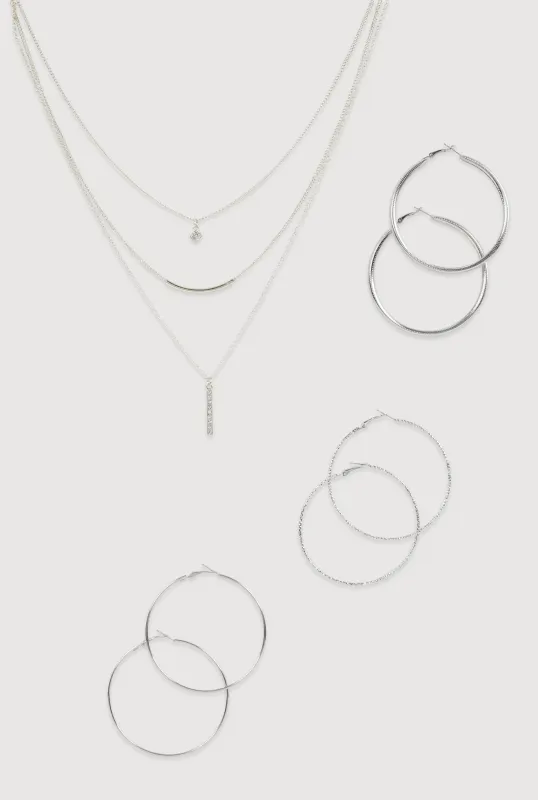 Cubic Zirconia Layered Necklace and Hoop Earrings Set of 4 sold by Rainbow