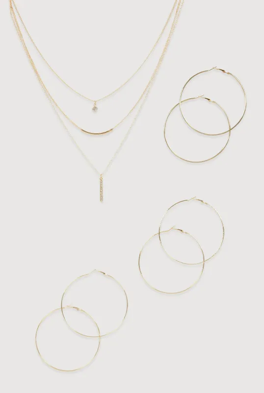 Cubic Zirconia Layered Necklace and Hoop Earrings Set of 4 sold by Rainbow