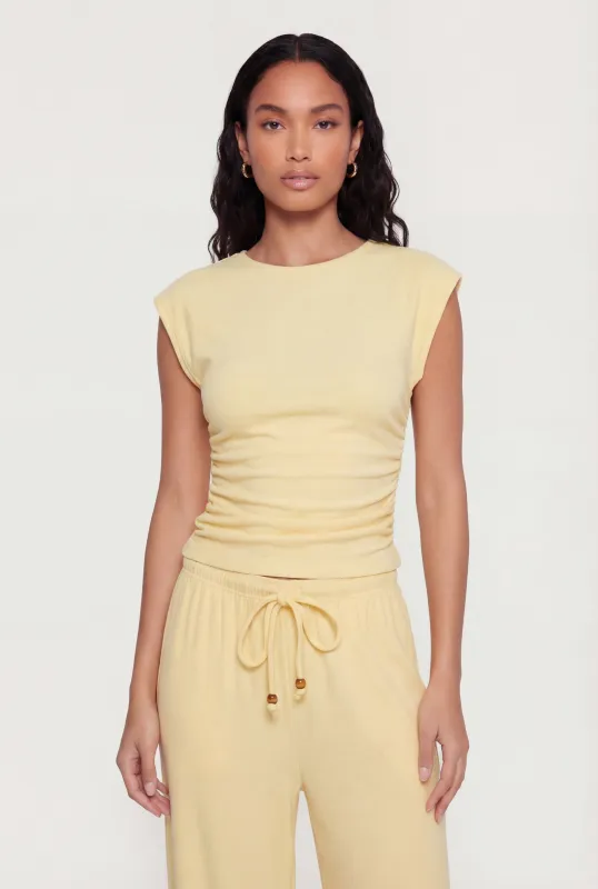 Brushed Ribbed Knit Ruched Cap Sleeve Top sold by Rainbow