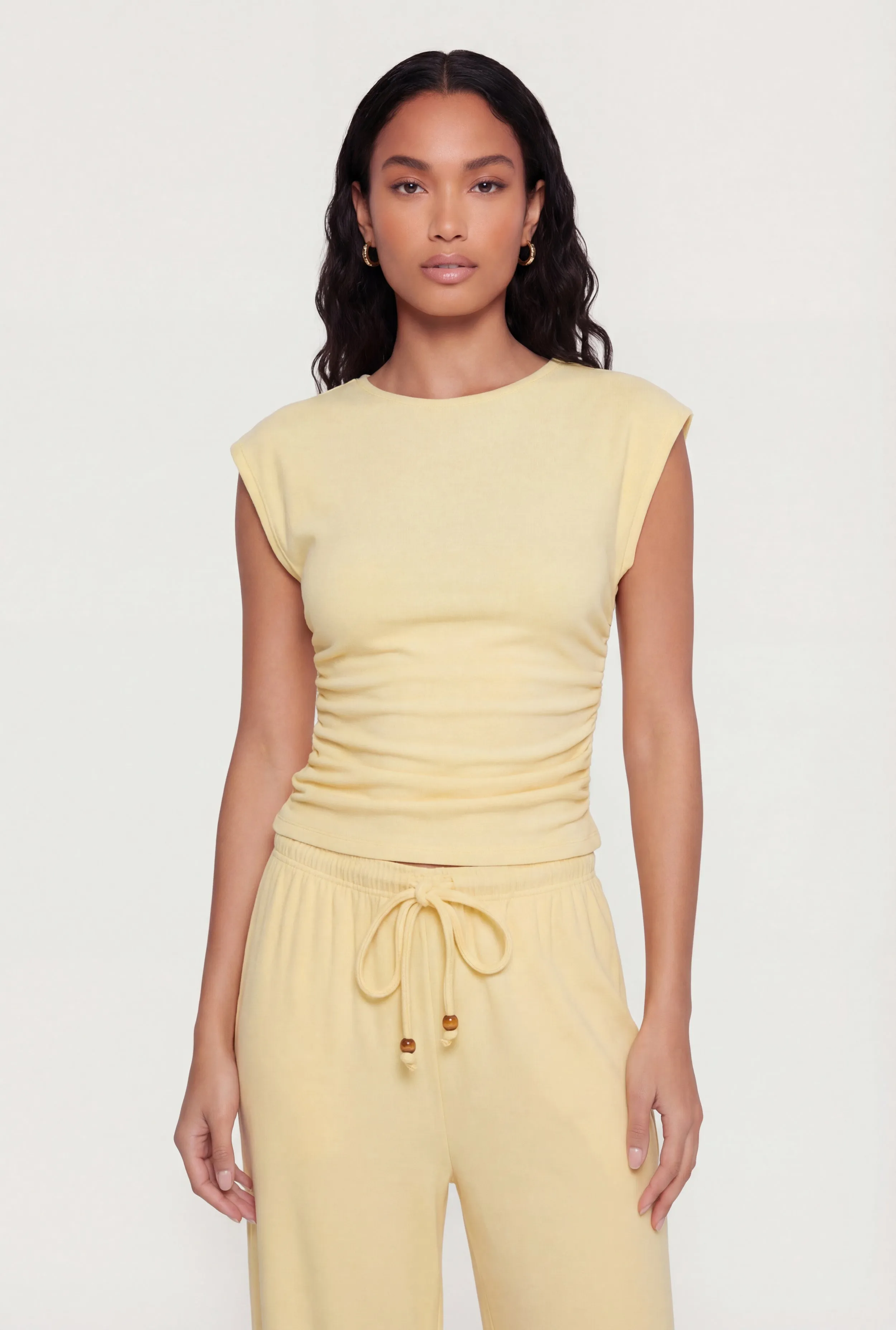 Brushed Ribbed Knit Ruched Cap Sleeve Top sold by Rainbow