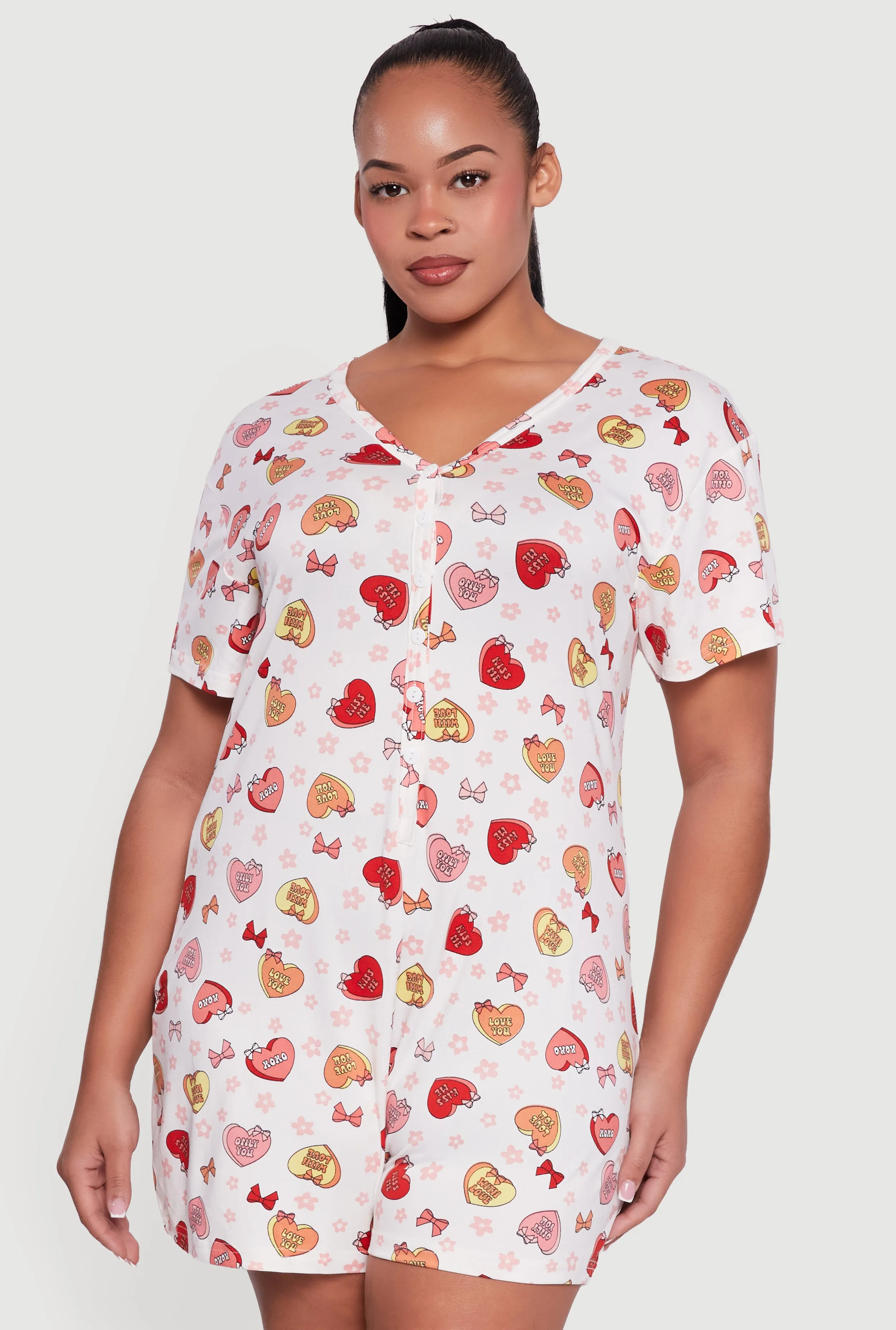 Plus Size Kiss Me Heart Patterned Pajama Romper sold by Rainbow