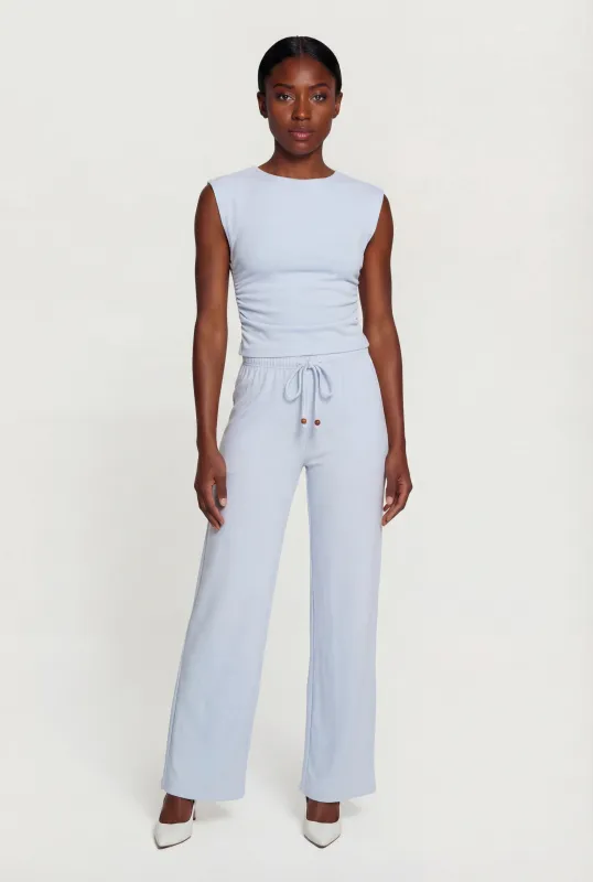 Brushed Rib Knit Drawstring Waist Wide Leg Pants sold by Rainbow