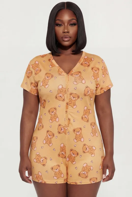 Plus Size Cuddle Buddy Teddy Bear Print Pajama Romper sold by Rainbow