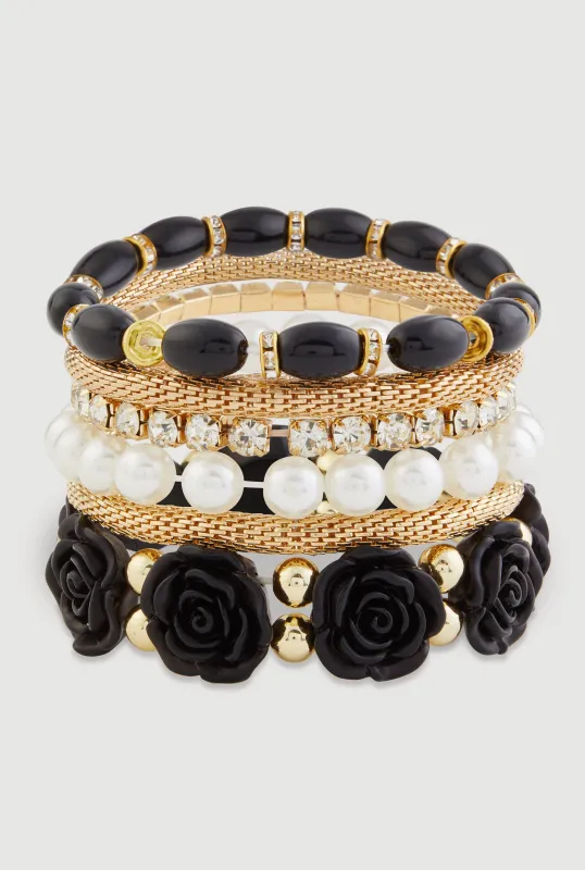 Beaded Faux Pearl Metallic Rhinestone Stretch Bracelets Set of 6 made by Rainbow