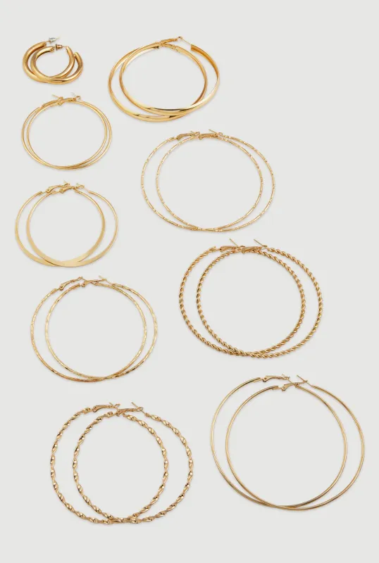 Assorted Metallic Textured Hoop Earrings Set of 9 made by Rainbow