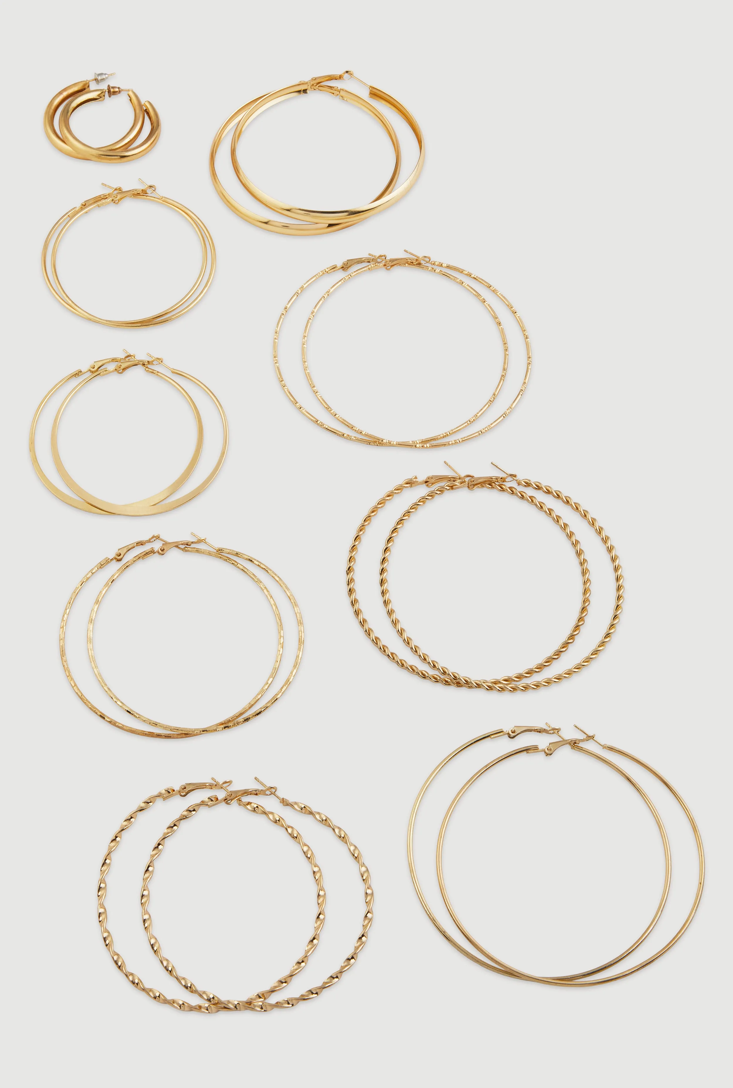 Assorted Metallic Textured Hoop Earrings Set of 9 sold by Rainbow