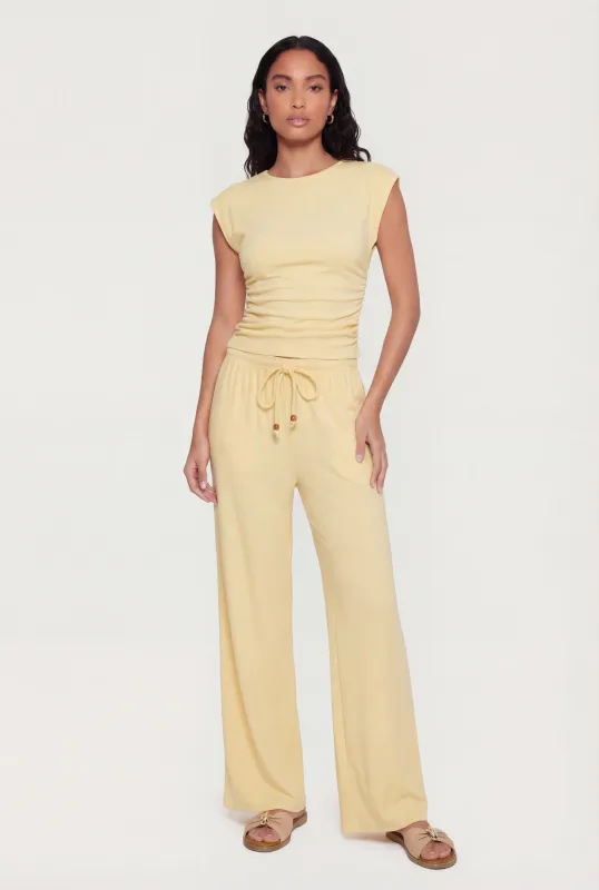 Brushed Rib Knit Drawstring Waist Wide Leg Pants sold by Rainbow