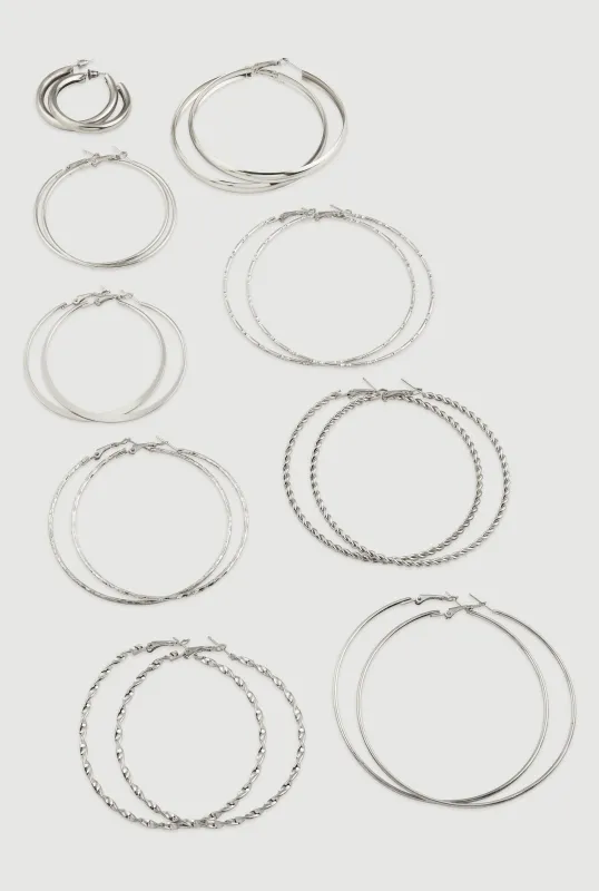 Assorted Metallic Textured Hoop Earrings Set of 9 made by Rainbow