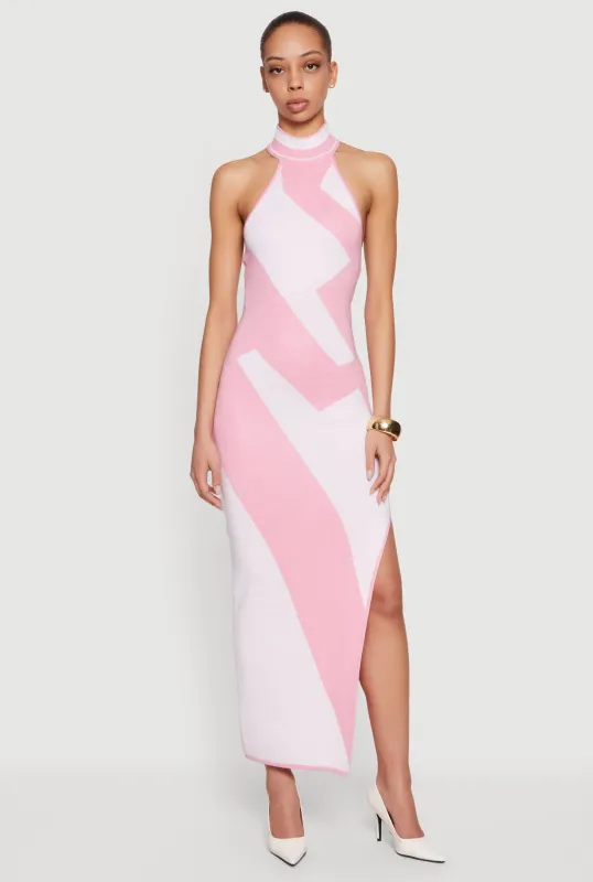 Abstract Print Side Slit Halter Maxi Dress sold by Rainbow