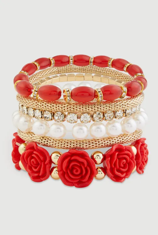 Beaded Faux Pearl Metallic Rhinestone Stretch Bracelets Set of 6 sold by Rainbow