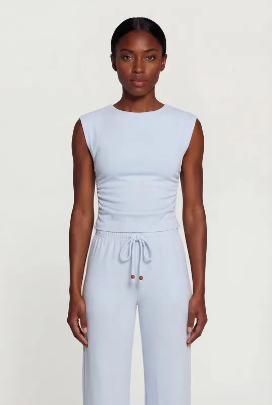 Brushed Ribbed Knit Ruched Cap Sleeve Top made by Haute Monde