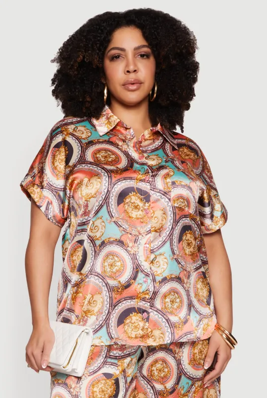 Plus Size Satin Chain Print Blouse sold by Rainbow