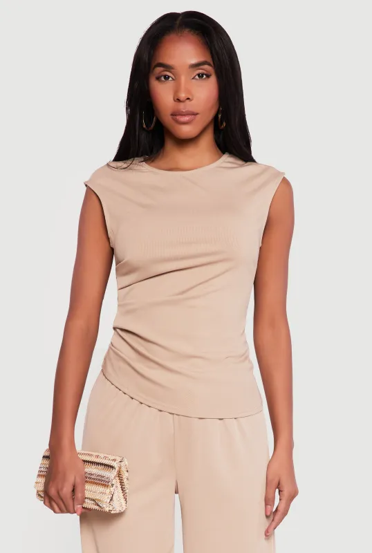 Rib Knit Ruched Sleeveless High Neck Top made by Haute Monde