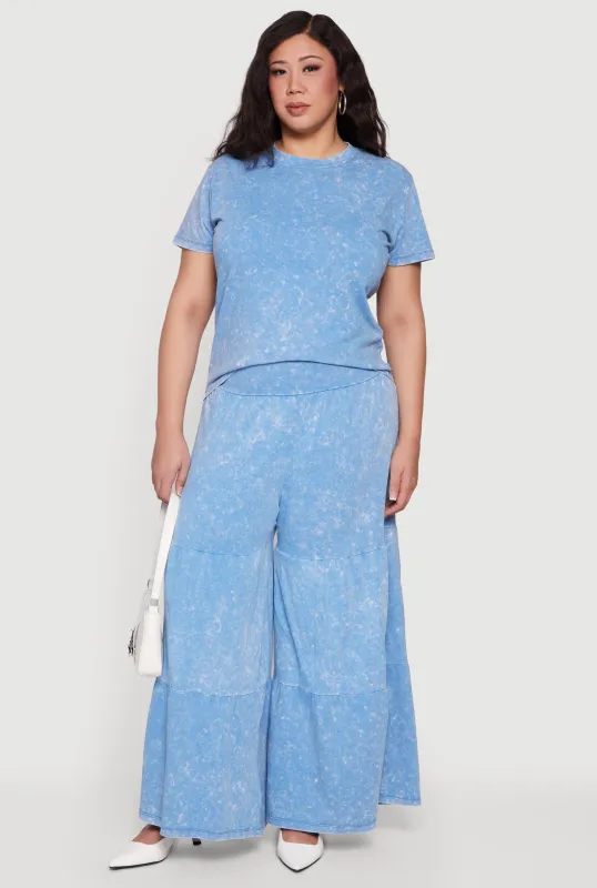 Plus Size Acid Wash Tiered Palazzo Pants sold by Rainbow