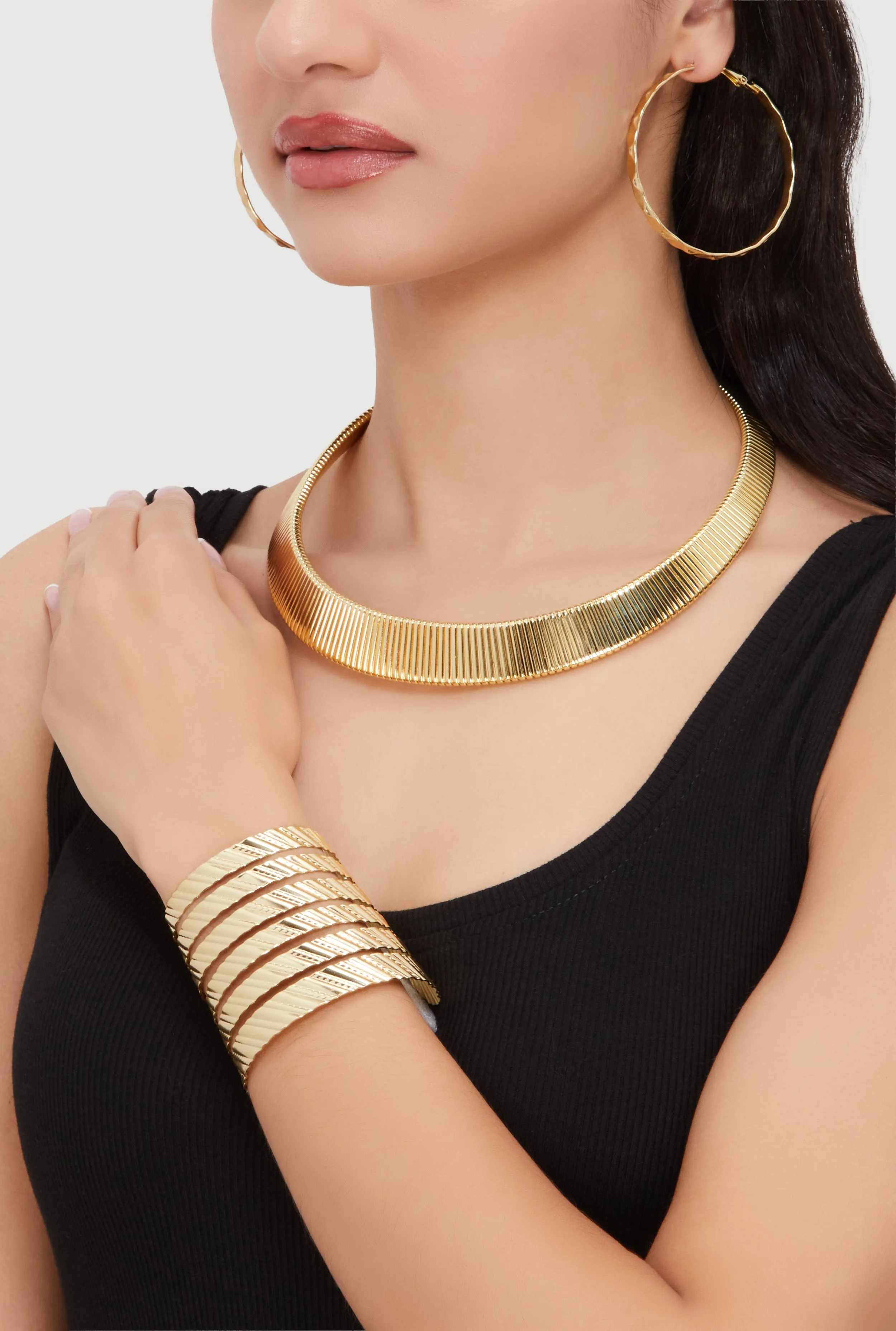 Ribbed Choker Necklace with Bangle and Hoop Earrings Set sold by Rainbow product image thumbnail 2