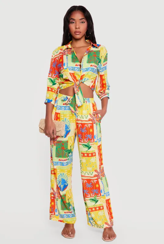 High Waisted Tropical Pattern Drawstring Waist Pants sold by Rainbow