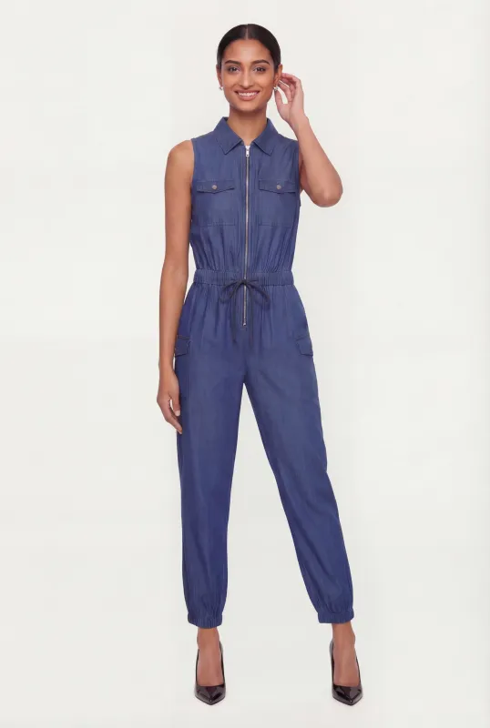 Sleeveless Zip Front Denim Jumpsuit with Cargo Pockets sold by Rainbow