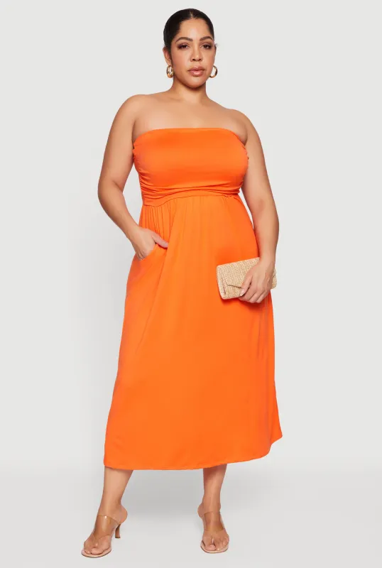 Plus Size Soft Knit Ruched Tube Dress with Pockets sold by Rainbow