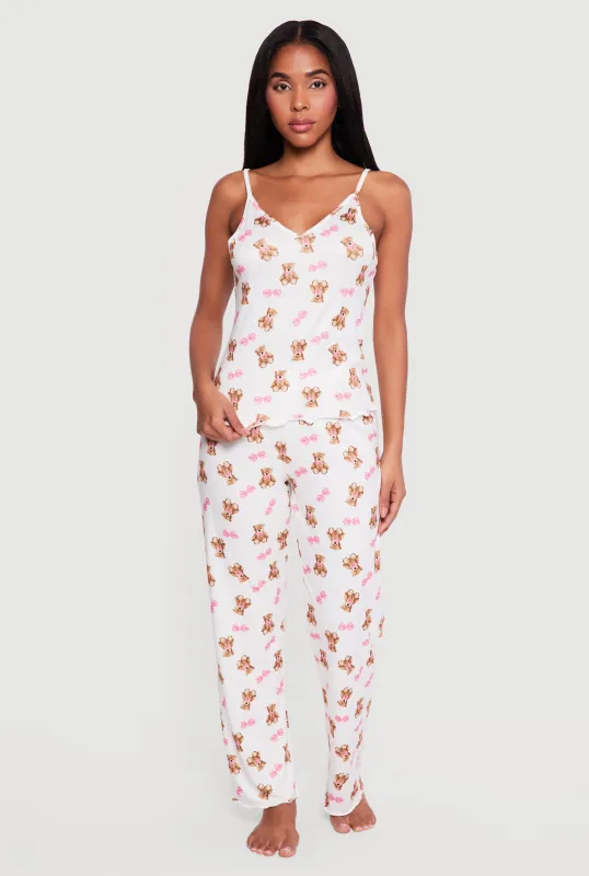 Teddy Bear Print V-Neck Pajama Cami and Pants Set sold by Rainbow