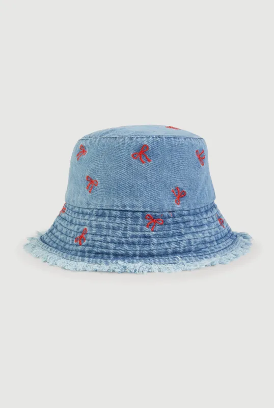Embroidered Bow Print Frayed Bucket Hat made by Rainbow