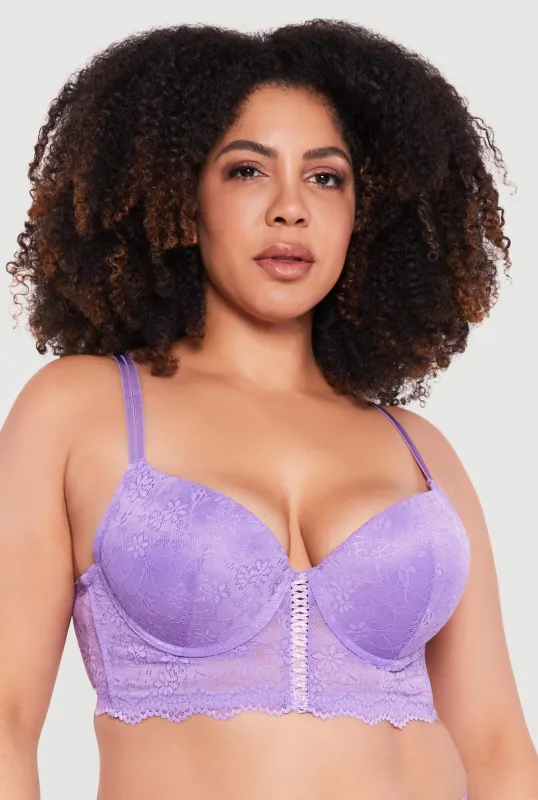 Plus Size Lace Up Front Longline Plunge Bra sold by Rainbow